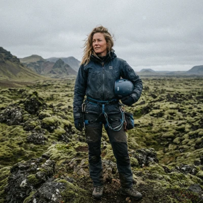 Sigrún Ólafsdóttir, caving guide, in a helmet and harness on the lava field at the Thrihnukagigur crater rim in Bláfjöll, Iceland