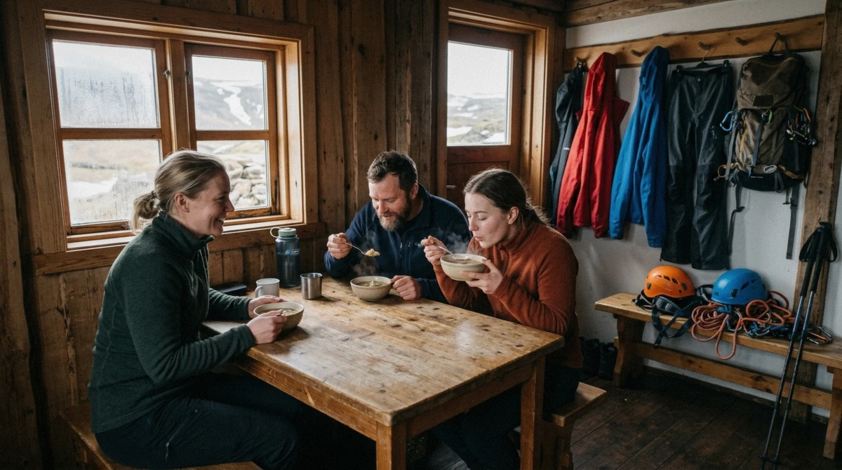 Hikers with bowls of Icelandic lamb soup inside the warm base camp hut after a Thrihnukagigur volcano tour descent in Blafjoll, Iceland