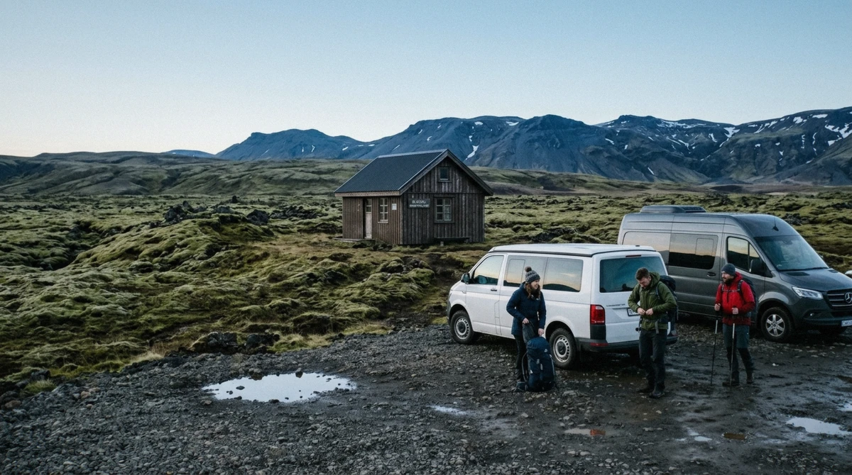 The Breidabliksskali ski cabin meeting point on the Blafjoll moss and lava plateau at the start of a Thrihnukagigur volcano tour in Iceland