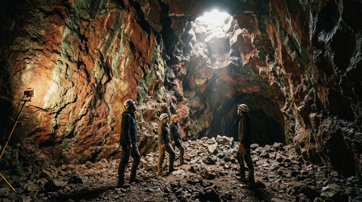 A small group standing on the rust-stained chamber floor deciding if the Inside the Volcano tour is worth it, Thrihnukagigur, Bláfjöll, Iceland