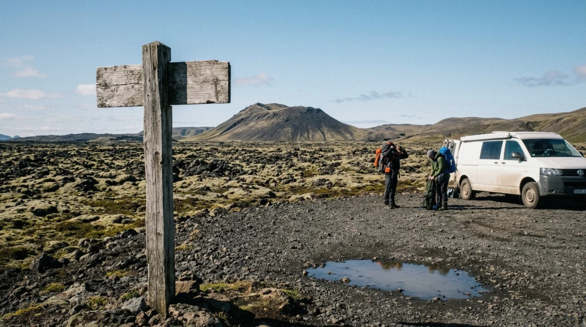 The Inside the Volcano meeting point parking sign on road 417 near the Breidabliksskali ski cabin in Blafjoll, Iceland
